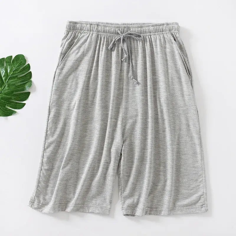 Herren-Modal-Cotton-Loungewear-Shorts in grau melierter Baumwolle mit elastischem Bund und passendem Kordelzug für Komfort.