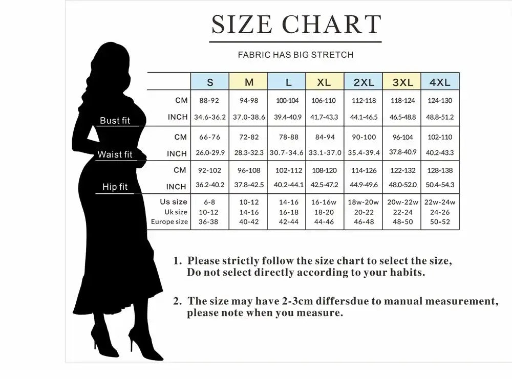 Size chart for the beaded high waisted jumpsuit elegant party outfit made of stretchy fabric showing measurements in centimeters and inches across sizes S to 4XL with corresponding UK and European sizing.