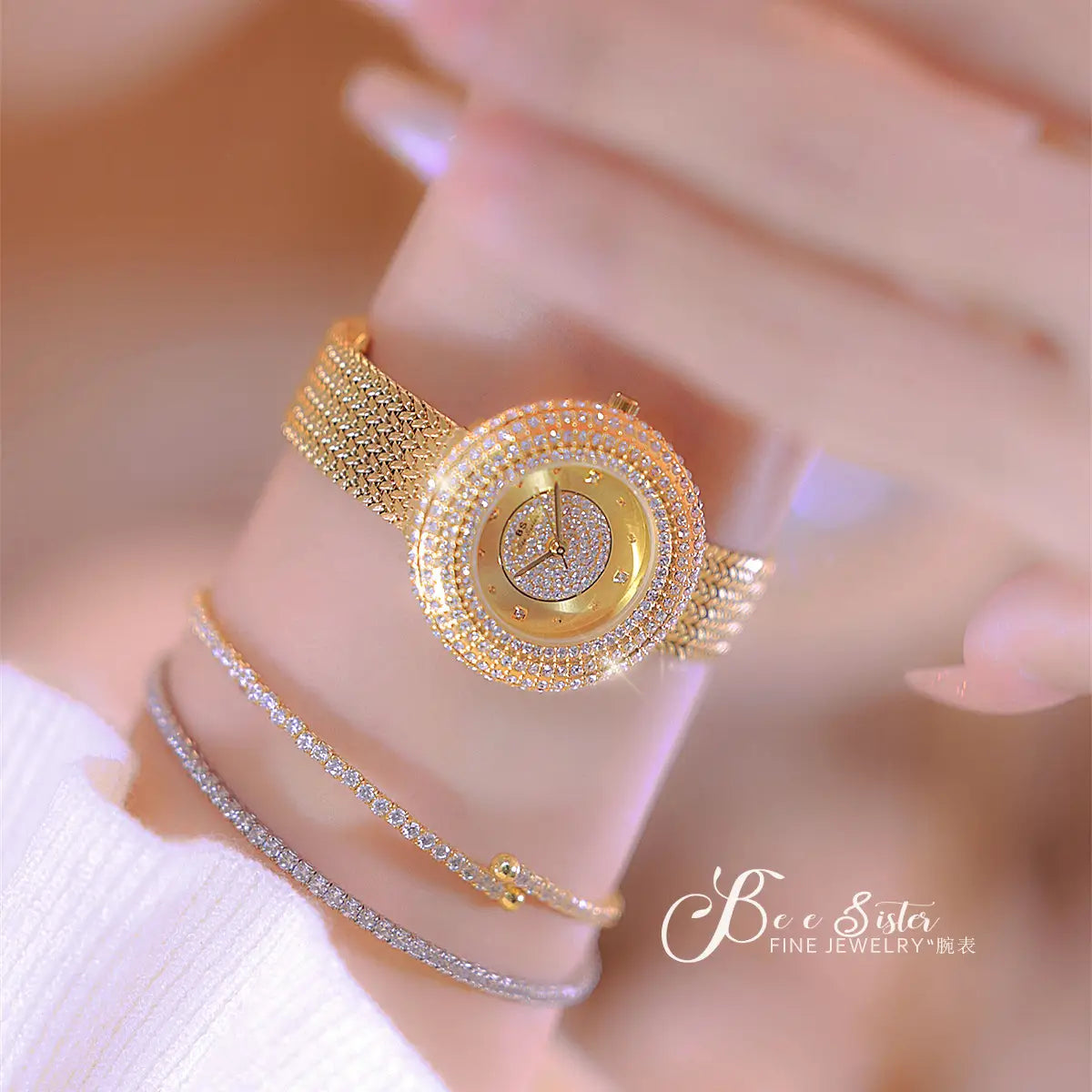 Gold diamond mesh women watch features a gold-toned mesh band and a diamond-encrusted bezel with an elegant round face, designed for luxury and waterproof use.