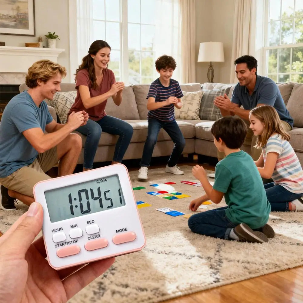 Ein weißer und pinkfarbener digitaler Küchentimer mit geräuschloser Countdown-Uhr verfügt über ein rechteckiges Display, das 1 04 51 anzeigt, sowie Tasten mit den Bezeichnungen Stunde, Min., Sek., Start/Stopp, Löschen und Modus.