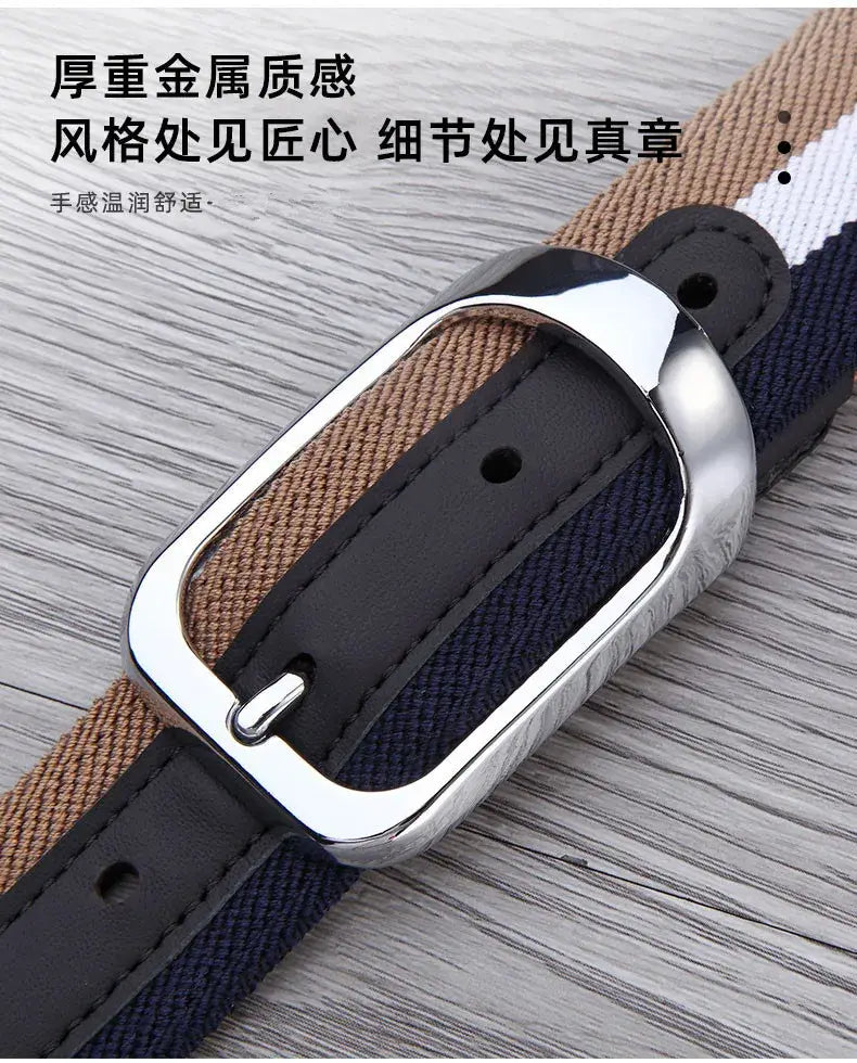 A canvas web stripe belt for men with a sleek rectangular silver-toned metal buckle securing a woven design featuring alternating navy blue and tan stripes for casual wear.