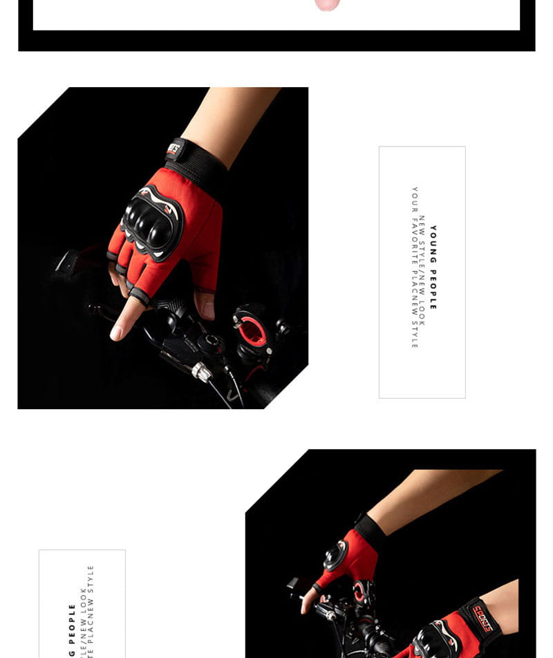 Herren- Motorrad-Taktik-Handschuhe mit halben Fingern, die die Rückseite zeigen, in Rot und Schwarz mit verstärktem Knöchelschutz.