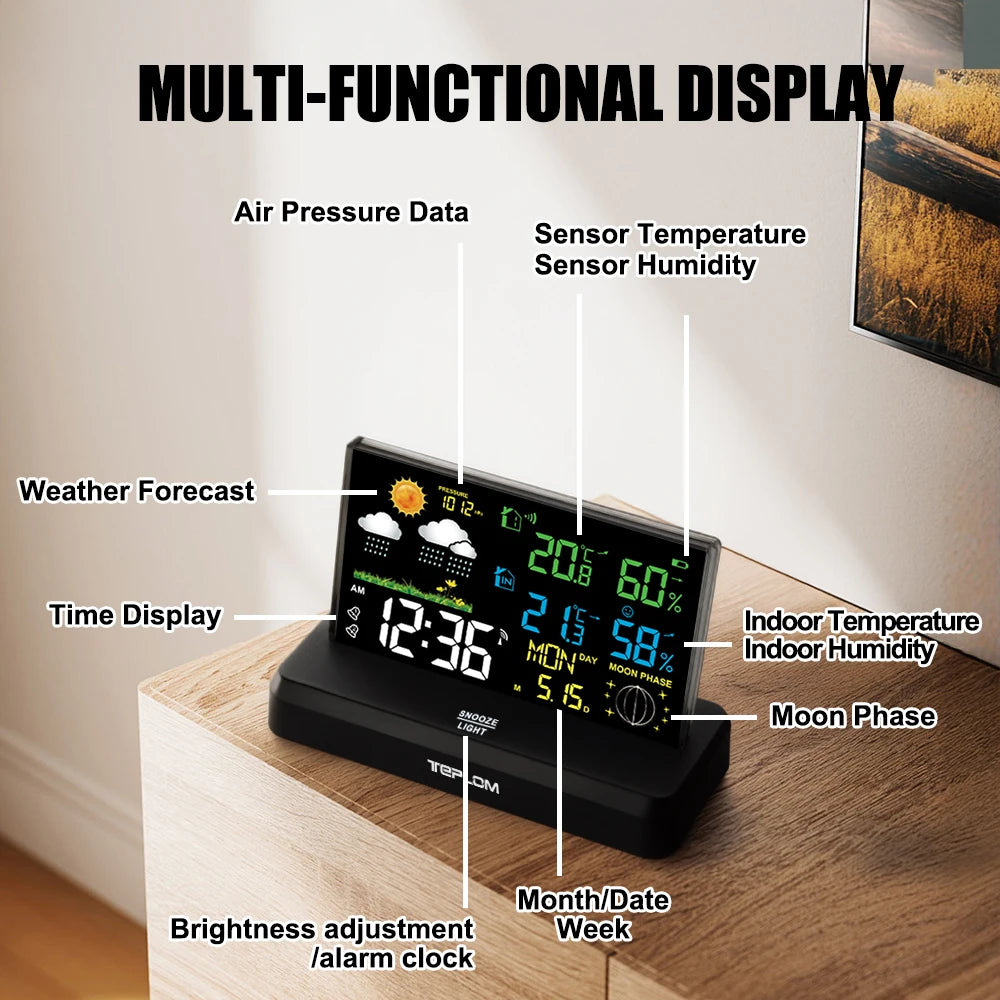 Wireless Weather Station Indoor Outdoor Temperature Humidity Gauge Accurate Weather Forecast Adjustable Backlight Calendar Lunar