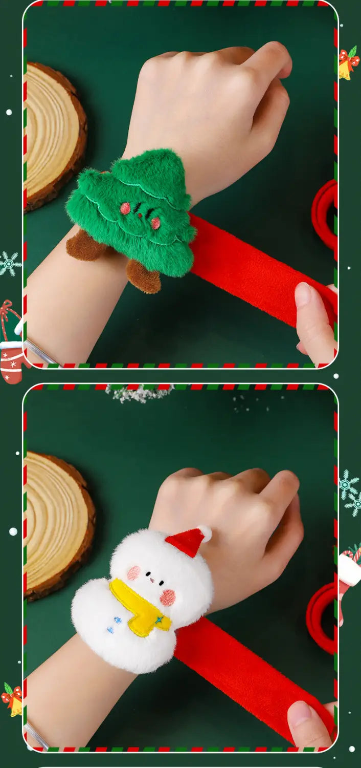 Pulsera tipo eslogan navideña esponjosa para niños, en verde y blanco, con un brazalete suave con diseño de árbol o muñeco de nieve.