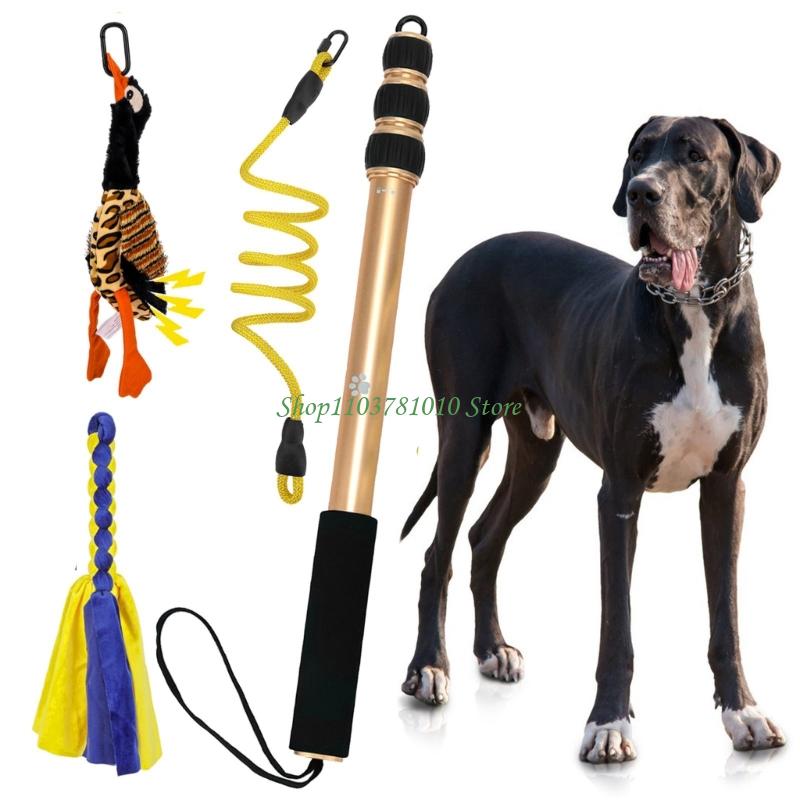 bâton d’entraînement télescopique doré et noir pour chien, avec sections de prise texturées, conçu pour être utilisé avec plusieurs accessoires dans le produit de leurre de dressage rétractable pour chien
