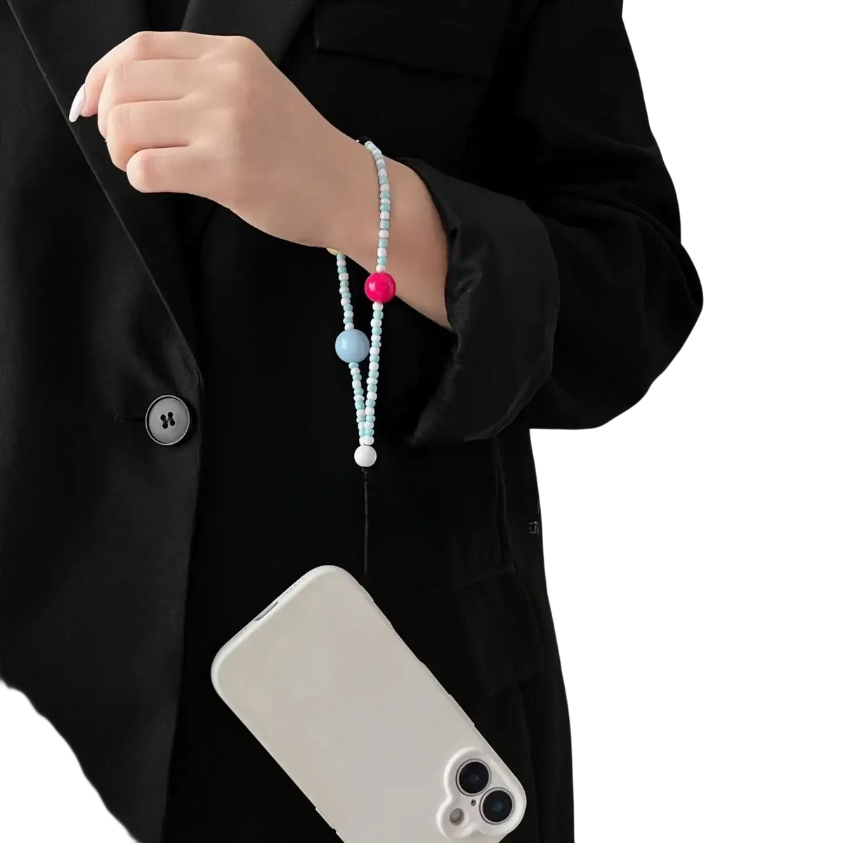 A delicate ins cute phone wrist strap with light blue pink and white beads strung on a thin cord in front view