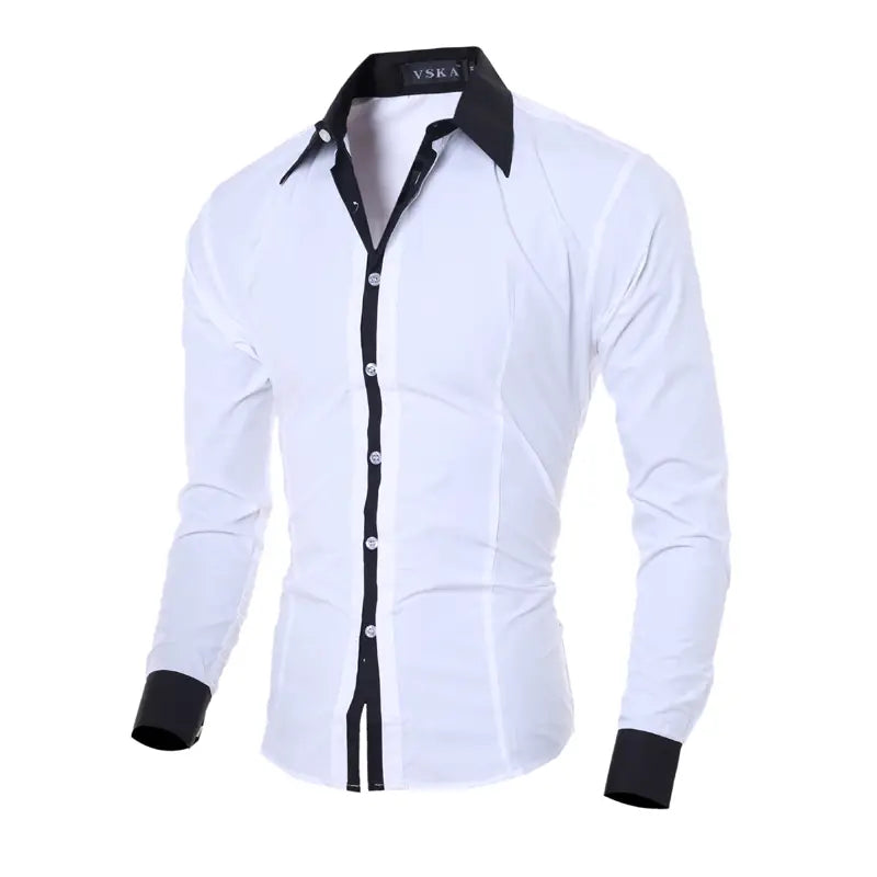 Men striped slim fit long sleeve casual shirt in white with black contrast collar cuffs and button placket