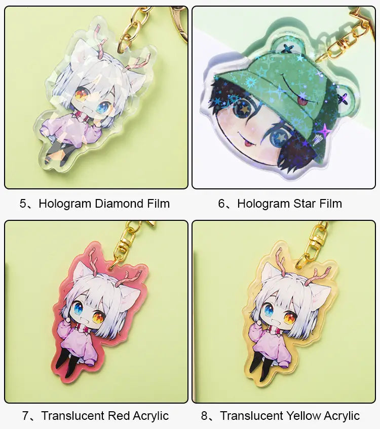 Clear acrylic keychains featuring chibi anime characters with glowing holographic and translucent colored film effects for personalized cartoon charms.