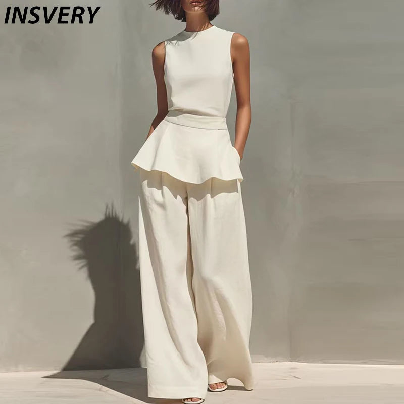 Office Lady Outfits Women Fashion Two Piece Set Summer Sleeveless O Neck Vest Sleeveless Shirt High Waist Pants Suit Work Wear