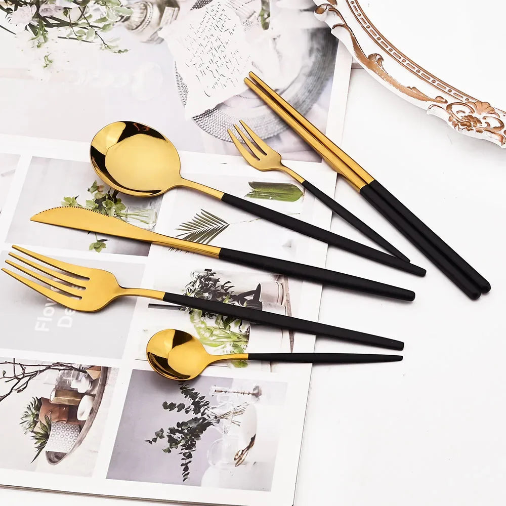 18Pcs Black Gold Dinnerware Dinner Spoons Chopsticks Cutlery Set Stainless Steel Tableware Sets Kitchen Home Silverware Set