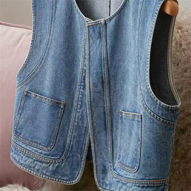 Denim Vest Ladies Clothes Sleeveless Round Neck Pocket Casual Top Waistcoat Streetwear Fashion Vest For Women 2026 Spring Summer
