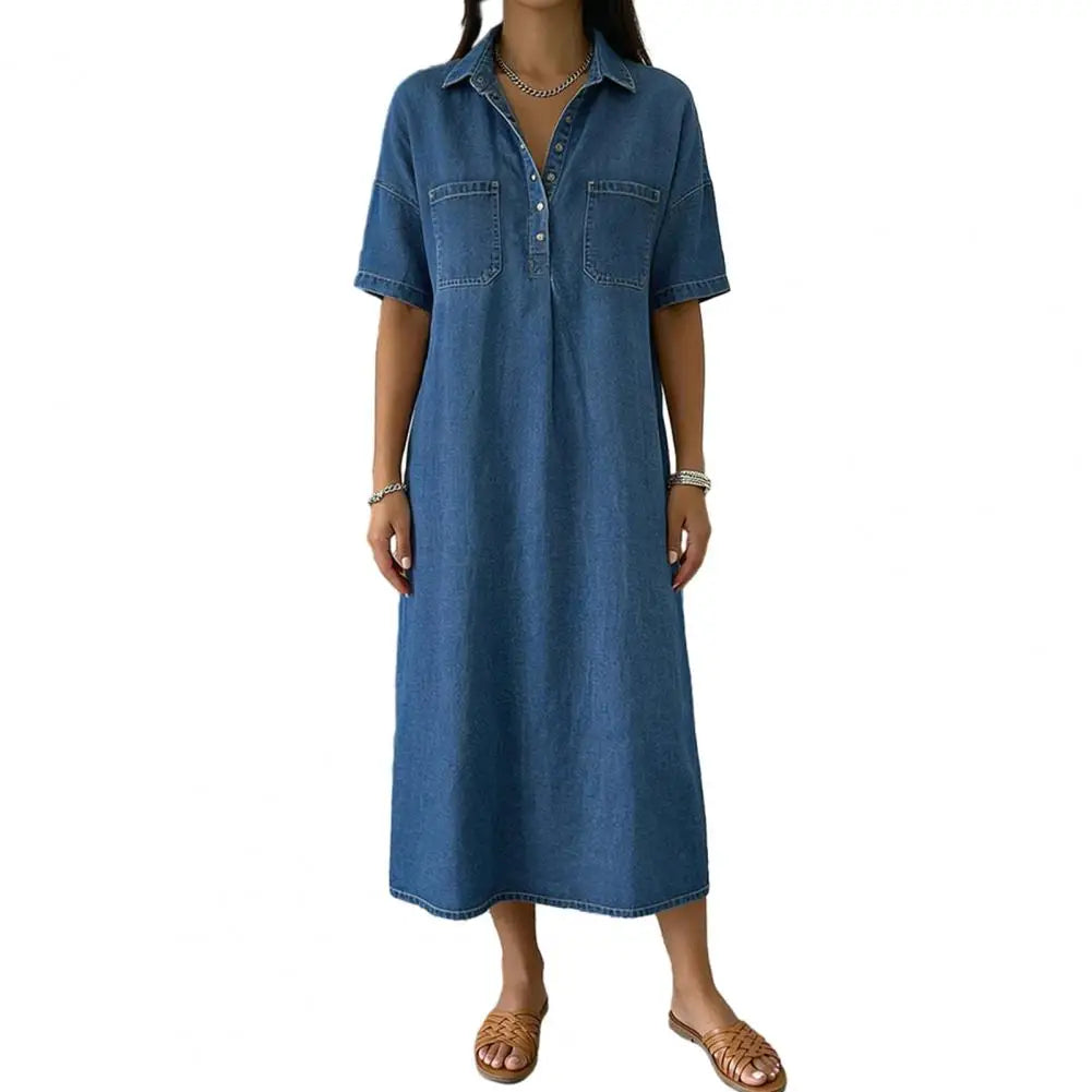 Women's Vintage Denim Shirt Dress Casual Short Sleeve Button Up Jean A-Line Long Dress with Pockets Commuting Style Midi Dress