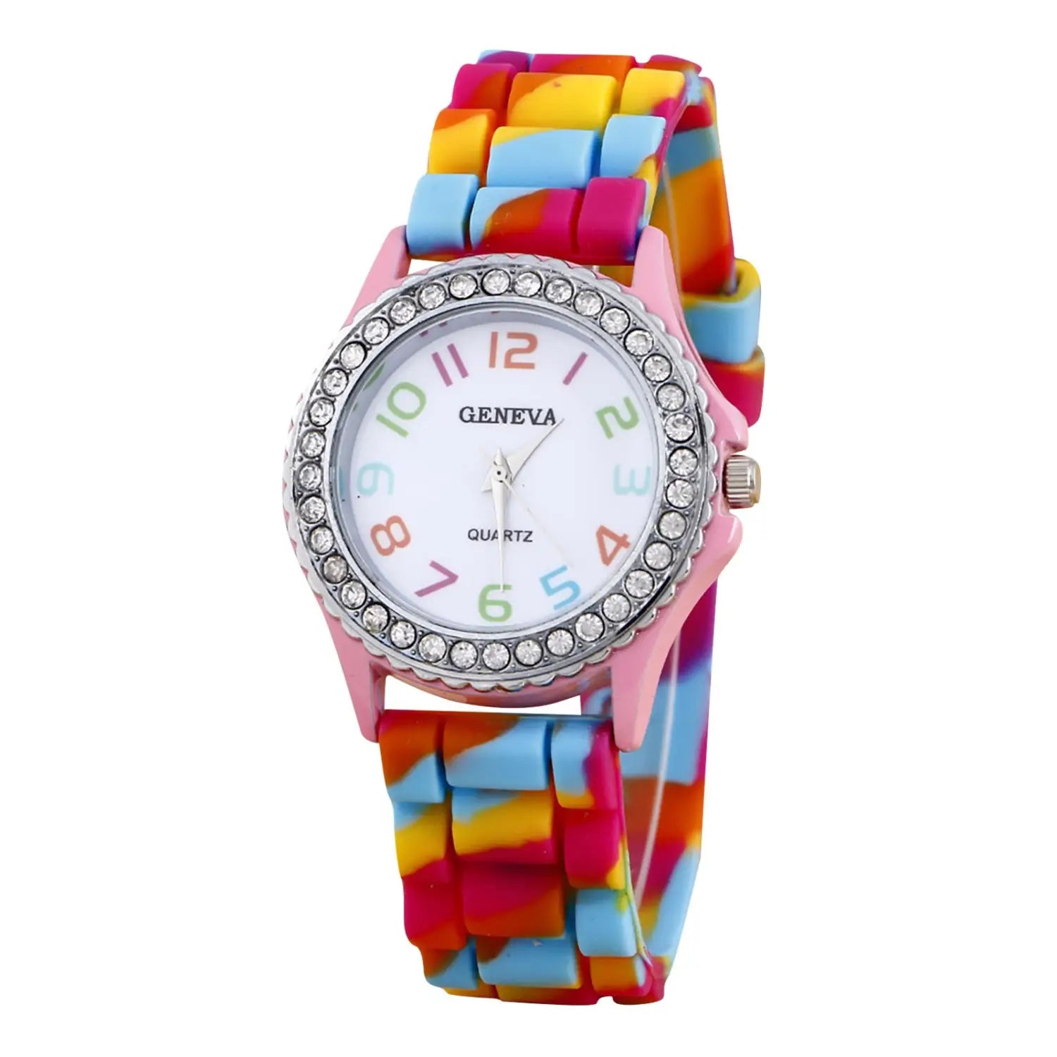 Girls crystal bling rainbow silicone watch featuring a pink geneva quartz face with a silver bezel adorned with clear crystals and a colorful rainbow-patterned silicone strap.