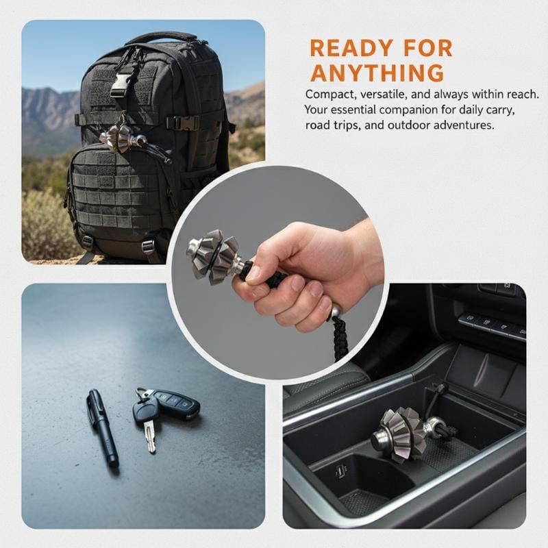 Silver metallic gear-shaped fidget spinner keychain with black textured grip and braided cord designed as an emergency survival tool
