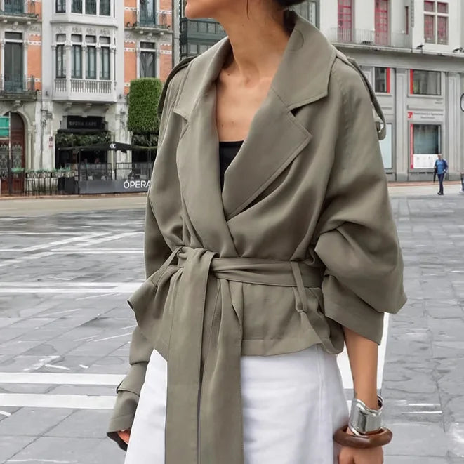 Women's Cropped Trench Coat Lapel Belted Waist Jacket, Loose Fit Drop Shoulder Short Trench