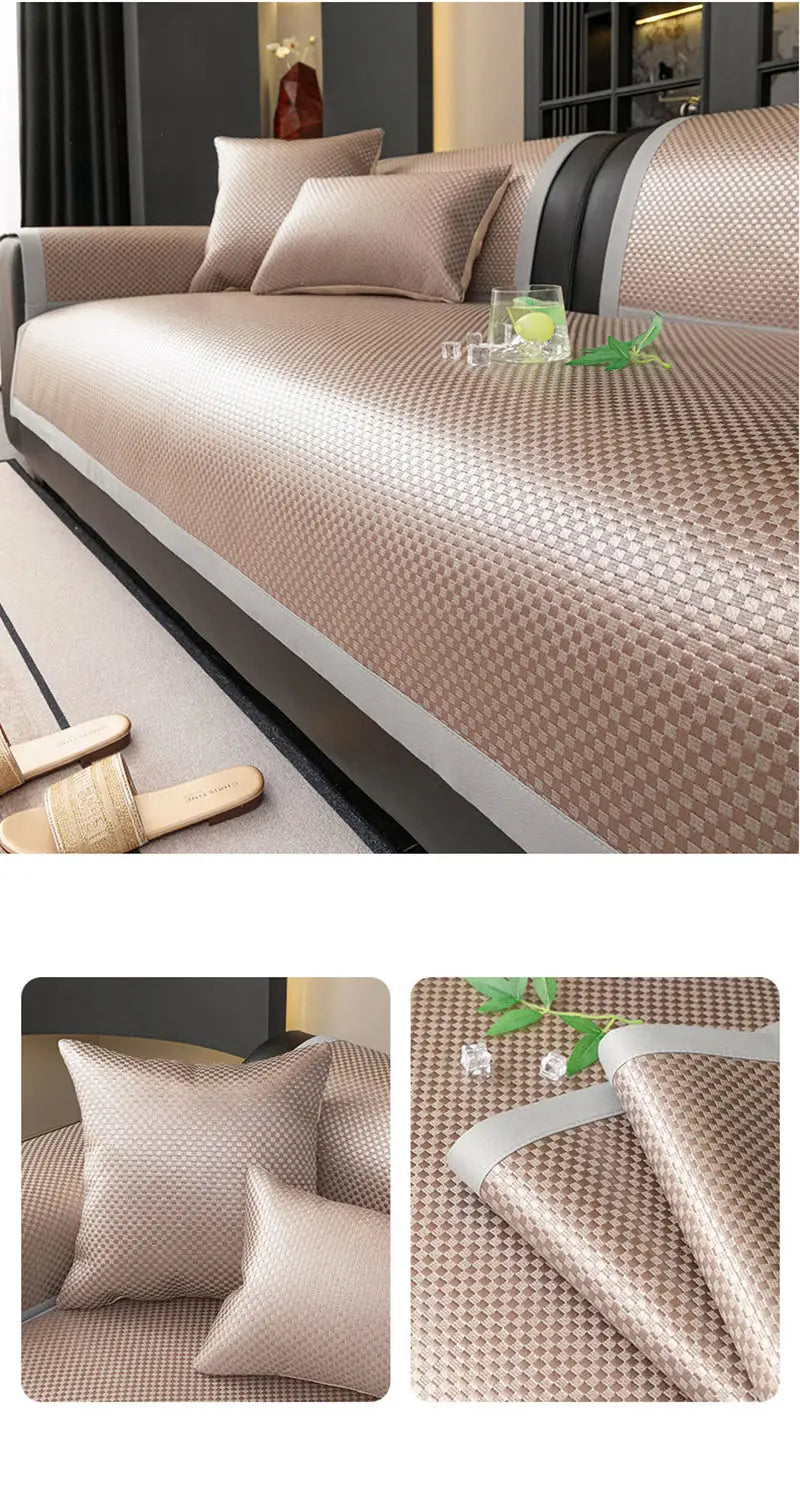 Coussin de canapé en rotin rafraîchissant en maille tissée beige, avec bordure grise, conçu comme protège-meubles antidérapant