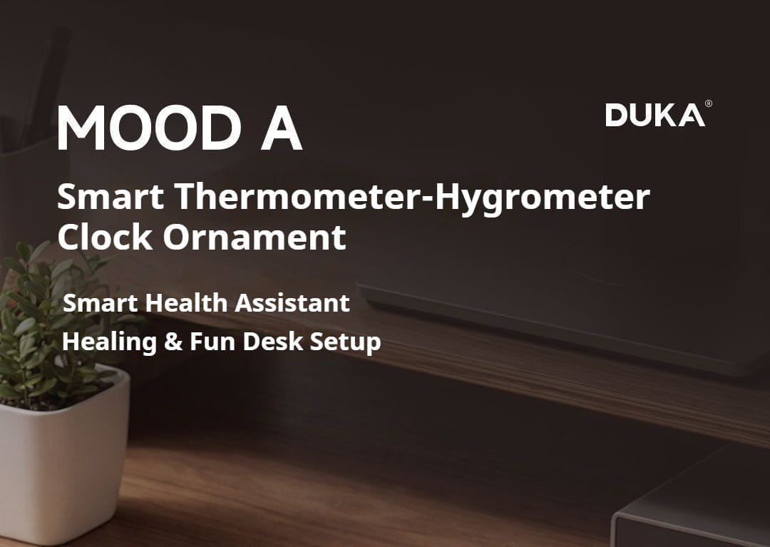 moody smart temperature and humidity clock by duka featuring a sleek digital display and compact design for indoor climate monitoring.