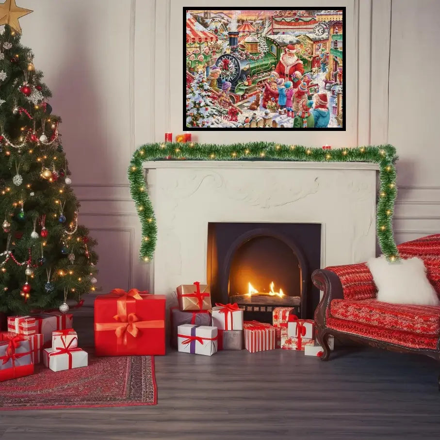 Un rompecabezas de calendario de adviento navideño con marco que muestra al Santa Claus y a los niños alrededor de un tren de vapor verde en una escena de mercado nevada.