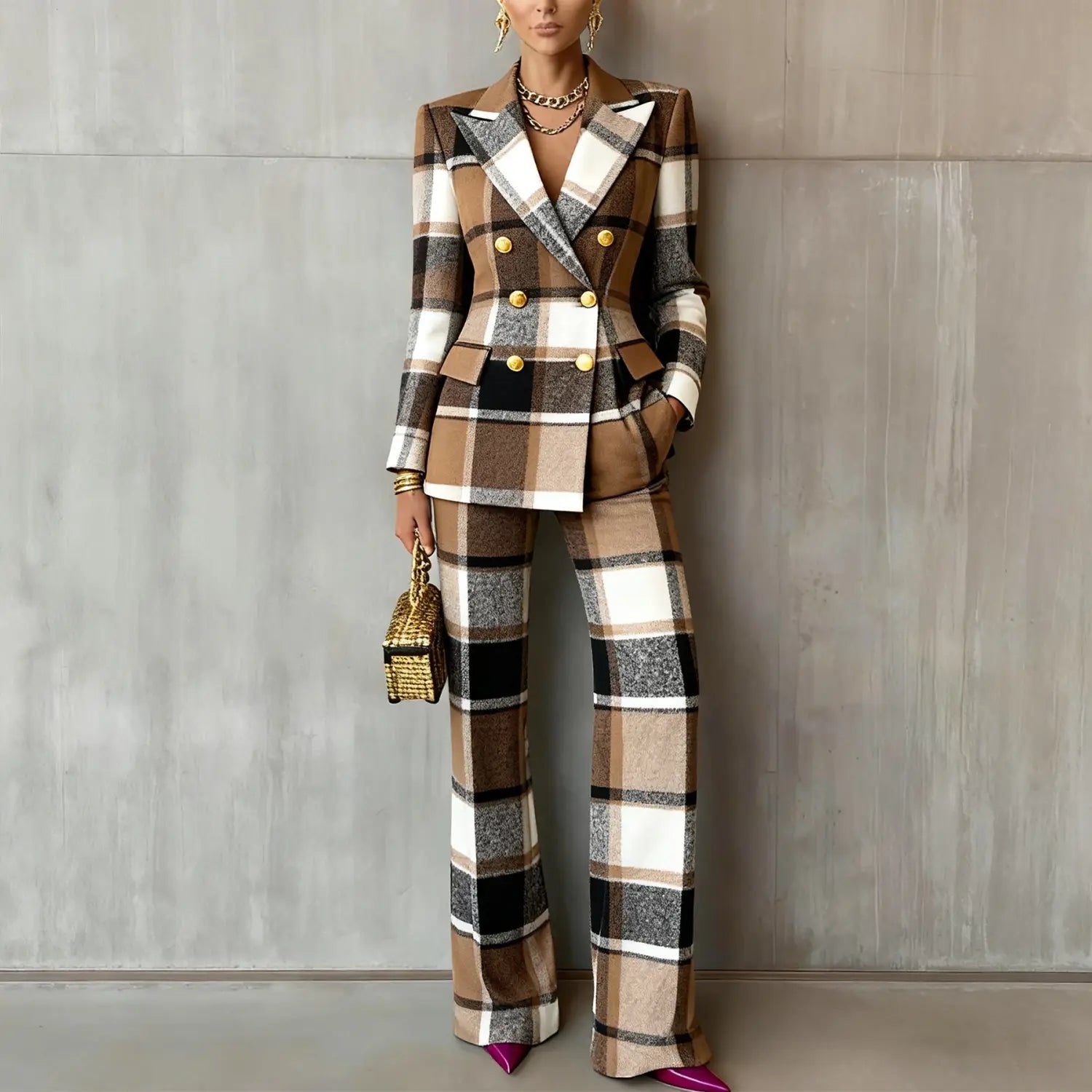 Damen-Karo-Blazer-Hosen-Set in Braun, Schwarz und Weiß aus Wollmischung mit goldfarbenem Knopfverschluss, gefertigt aus Synthetikfaser.