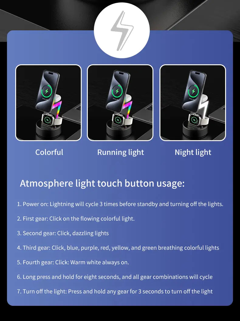 A sleek black wireless charging 3 in 1 RGB stand with built-in atmosphere light featuring colorful running and night lighting modes and high wireless charging output power.
