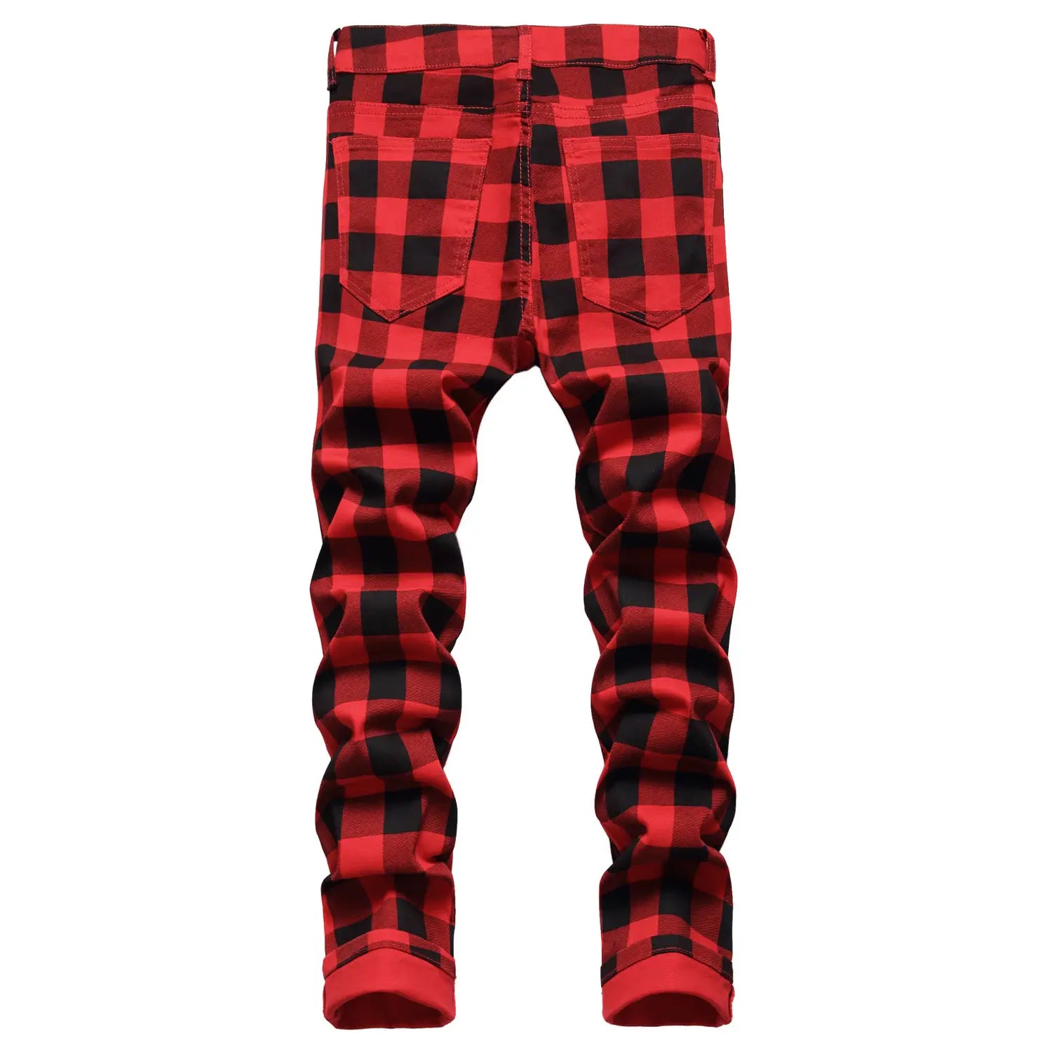 Jeans en denim rouges à carreaux, coupe slim ajustée, en rouge et noir, avec revers retroussés.