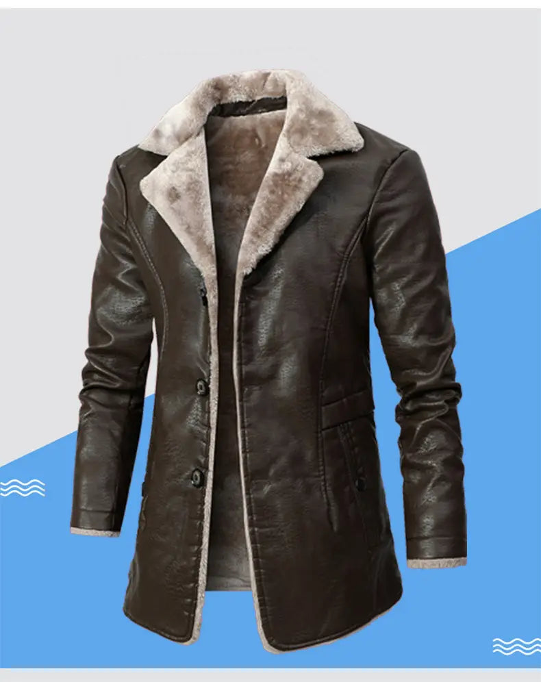 gabardina de cuero con forro de vellón para hombre en marrón oscuro con cuello y forro de borreguillo gris claro esponjoso para uso como chaqueta de invierno modname=ckeditor