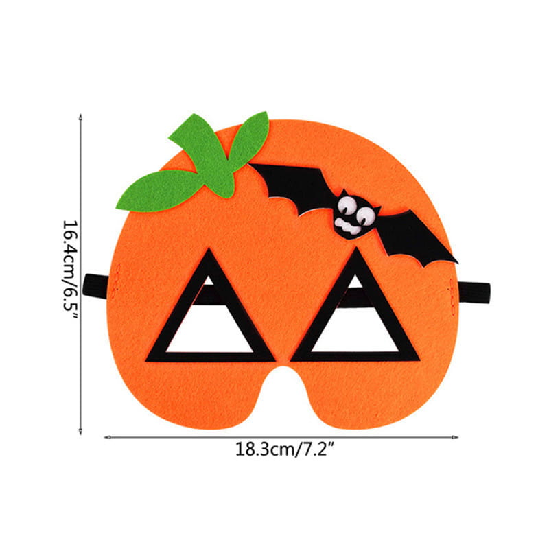 Orange felt halloween pumpkin ghost diy mask featuring black triangular eyes, a green leafy top, and a small bat design for party costume use.