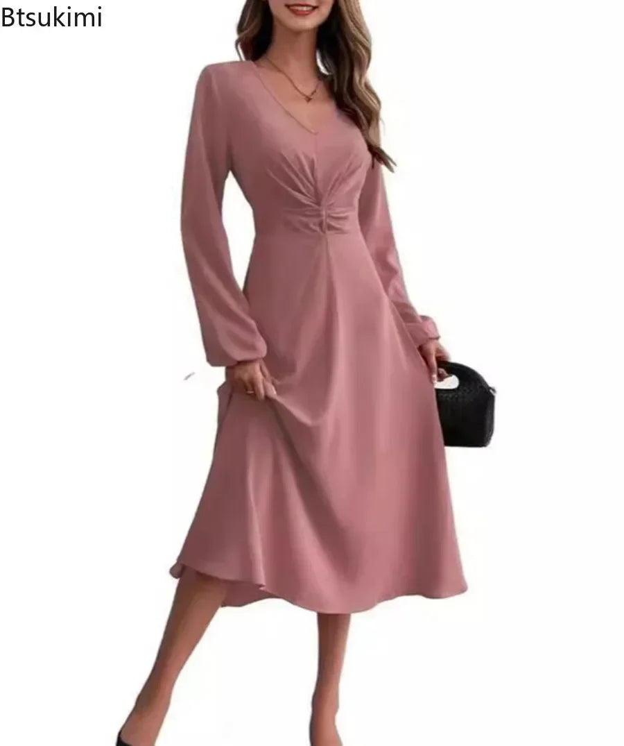 Women's Autumn Winter Dresses Sexy Elegant Long Skirt French V-neck Temperament Commuter A-line High-waisted Dress Evening Gown