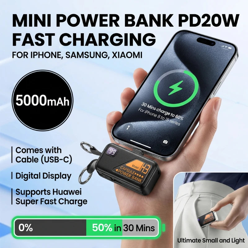 Mini Portable Power Bank 5000mAh PD20W Fast Charger Built-in Cable Digital Display External Battery For IOS Android Smartphones