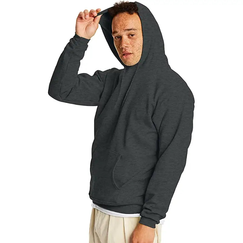 Herren-übergroßer Fleece-Pullover mit Kapuze in Dunkelgrau mit vorderer Tasche und gerippten Bündchen