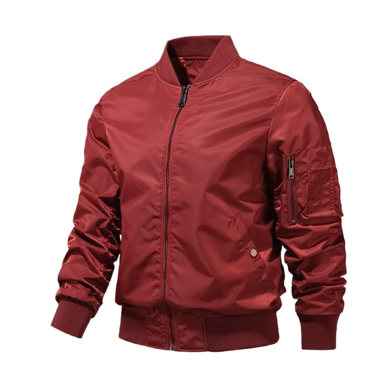 Veste bomber pour homme élégante en bordeaux avec finition nylon brillante et poignets côtelés, pour une tenue d’extérieur d’aviateur de printemps décontractée.