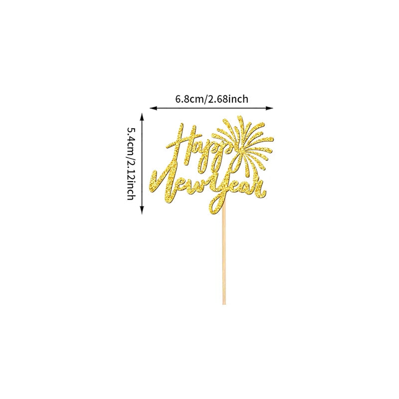 YOMDID 24Pcs Happy new year Cupcake Toppers Glitter New Year Cake Toppers New Year Party Design for Christmas Cupcake Picks