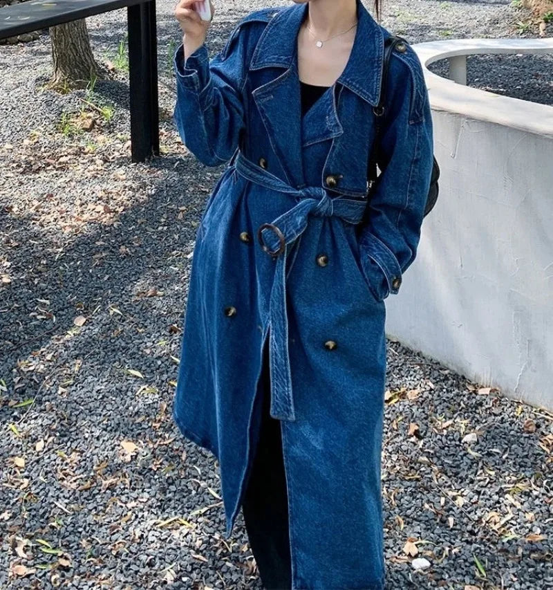 Minimally Casual Blue Denim Trench Coat for Women  2025 Autumn Mid Length Denim Jacket
