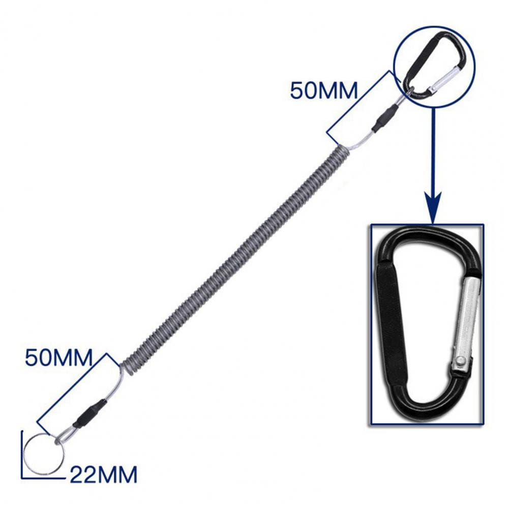 Black and silver carabiner attached to a retractable coiled spring metal strap keychain designed to prevent loss.