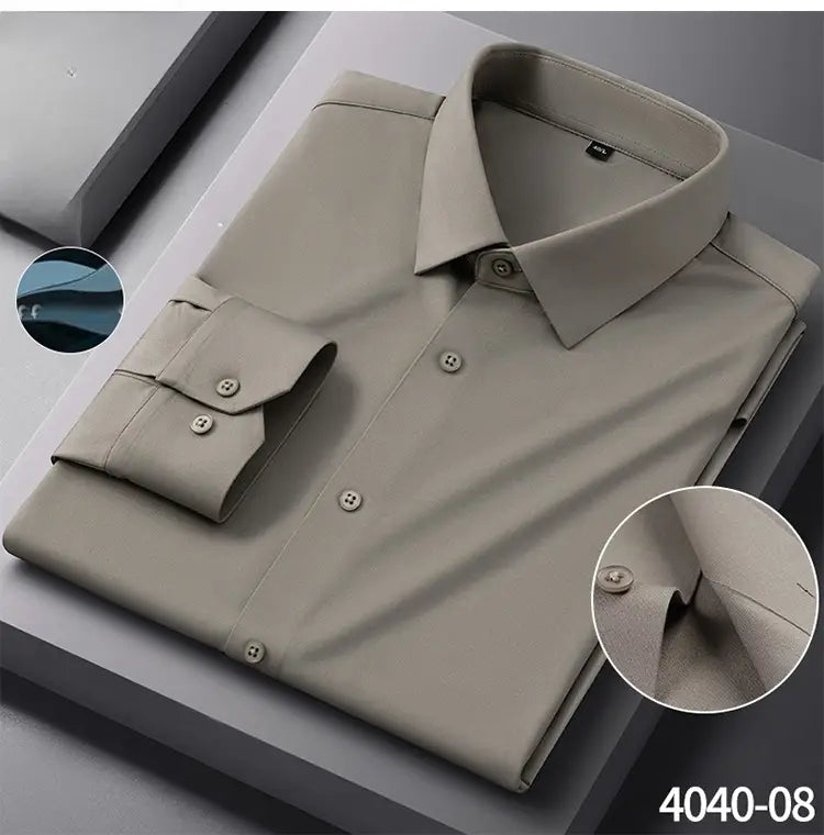 Beige men’s slim fit nylon formal dress shirt with classic collar and buttoned cuffs crafted from smooth fabric.