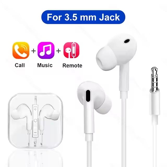 Écouteurs filaires blancs pour casque stéréo 3,5 mm, de conception intra-auriculaire, avec commande intégrée pour appels, musique et télécommande.