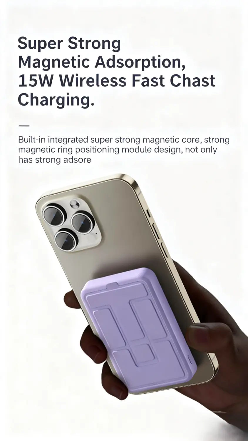 Lavendelfarbene kabellose Ladegerät-Powerbank mit Ständer mit schlankem rechteckigem Design und strukturierter Oberfläche für Schnellladefunktion.