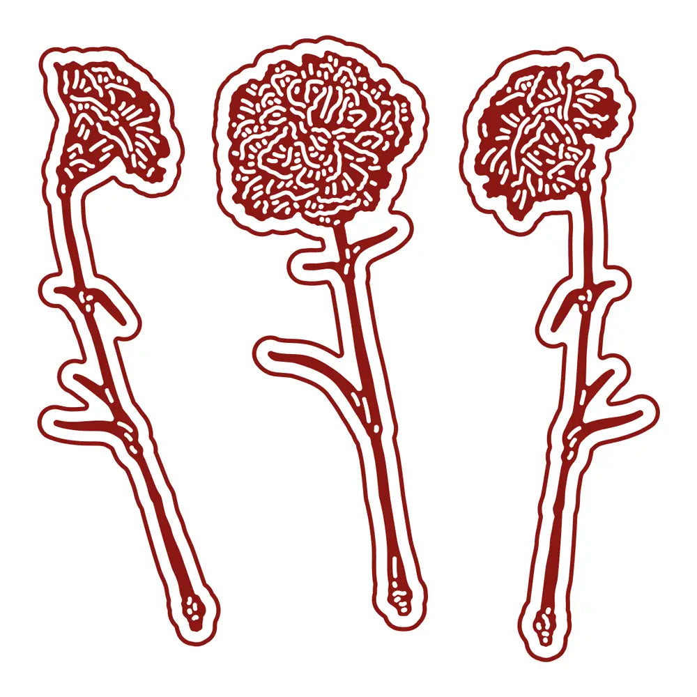 valentine metal cutting die featuring three stylized red carnation flower cutouts with intricate petal details and slender stems for diy cards.