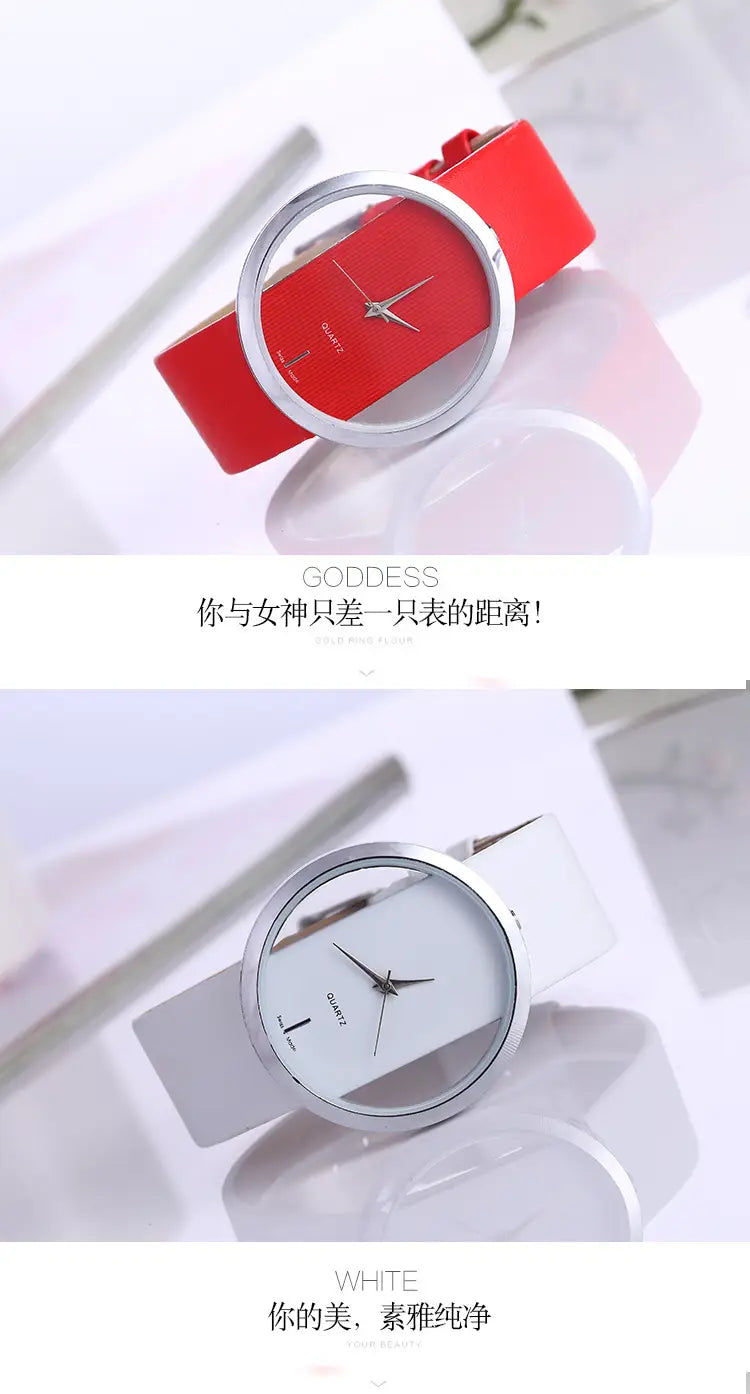 Women luxury leather quartz watch with a red leather strap, silver circular case, and minimalist transparent dial.