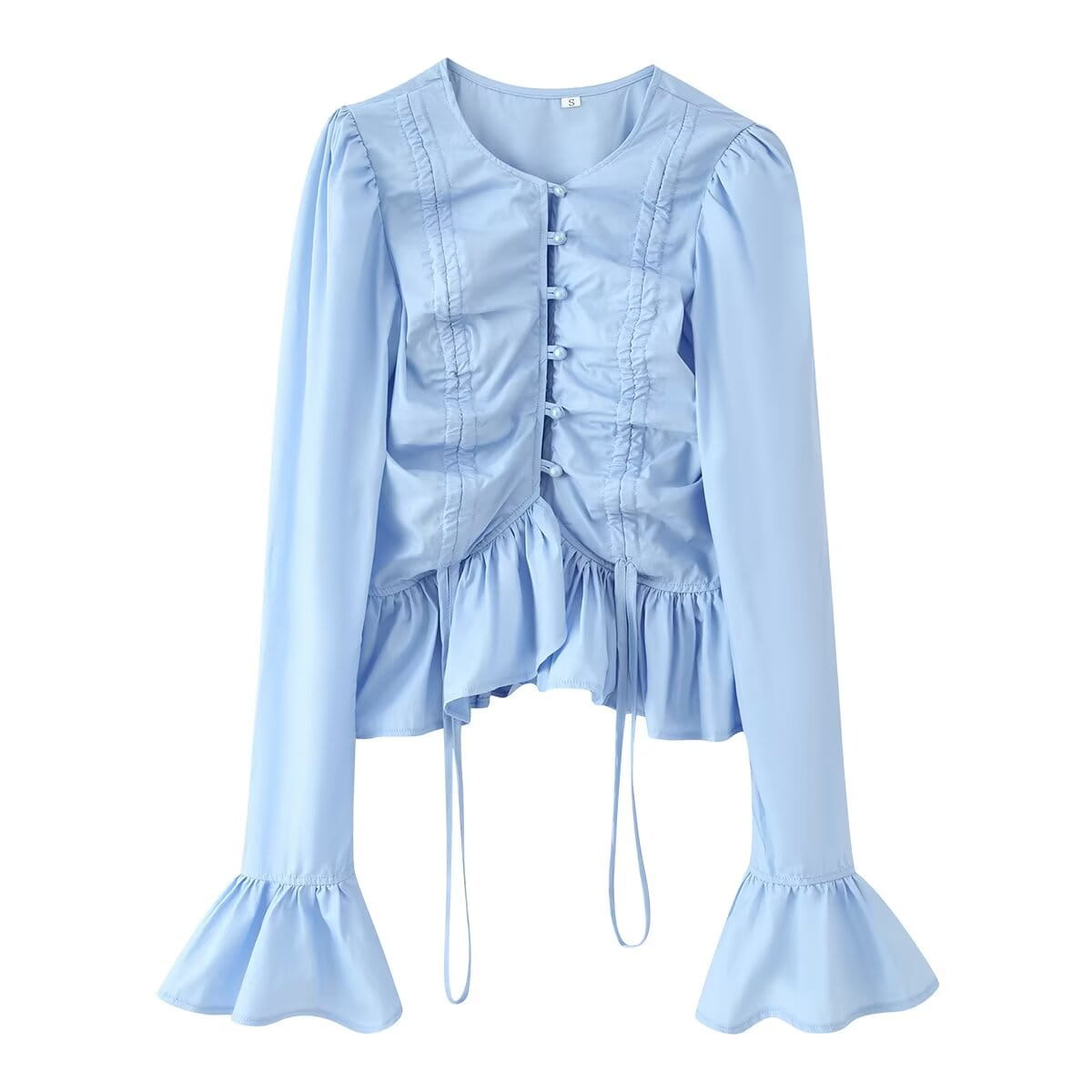 A light blue women slim fit long sleeve round neck top with ruched detailing and flared cuffs.