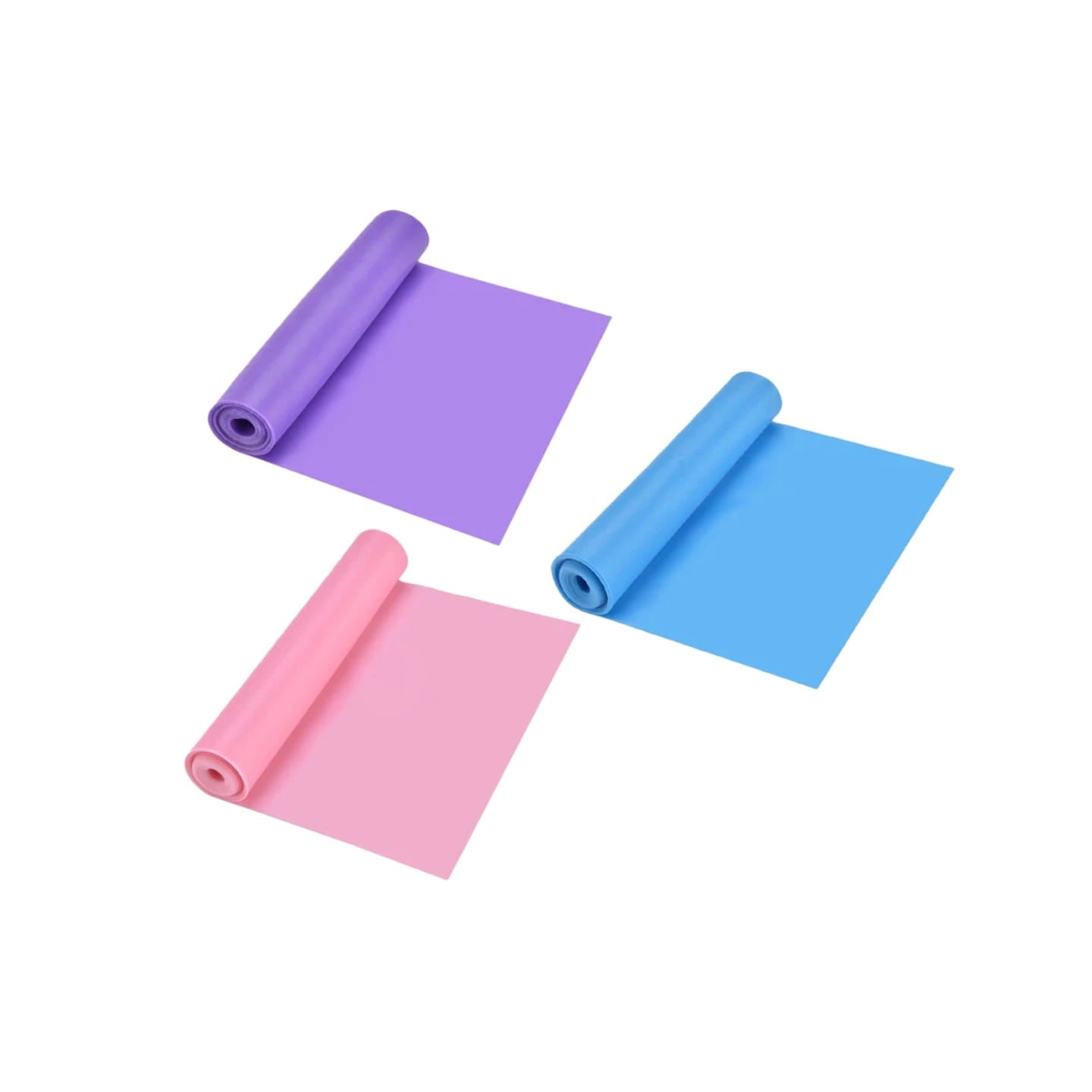three rolled resistance workout bands for home fitness in soft purple bright blue and pastel pink designed for strength training and flexibility.
