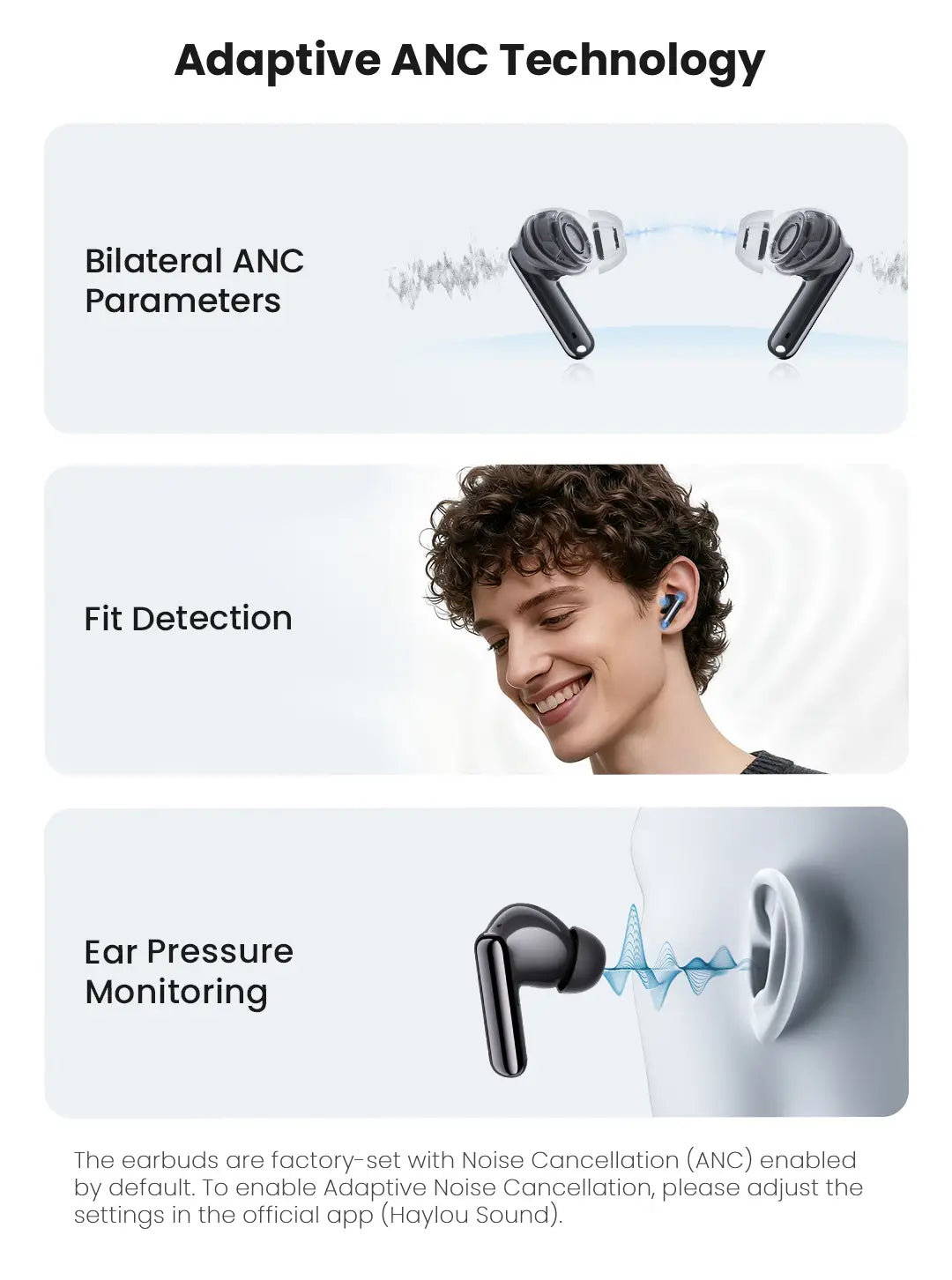 Écouteurs sans fil Haylou FlowBuds N55 noirs et bleus avec un design moderne épuré et un étui de charge offrant une autonomie prolongée.