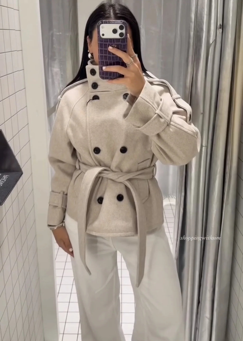 Women Short Wool Blend Coat Stand Collar Double Breasted Belted Waist Long Sleeve Epaulet Casual Winter Lady Outerwear Jacket