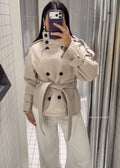 Women Short Wool Blend Coat Stand Collar Double Breasted Belted Waist Long Sleeve Epaulet Casual Winter Lady Outerwear Jacket