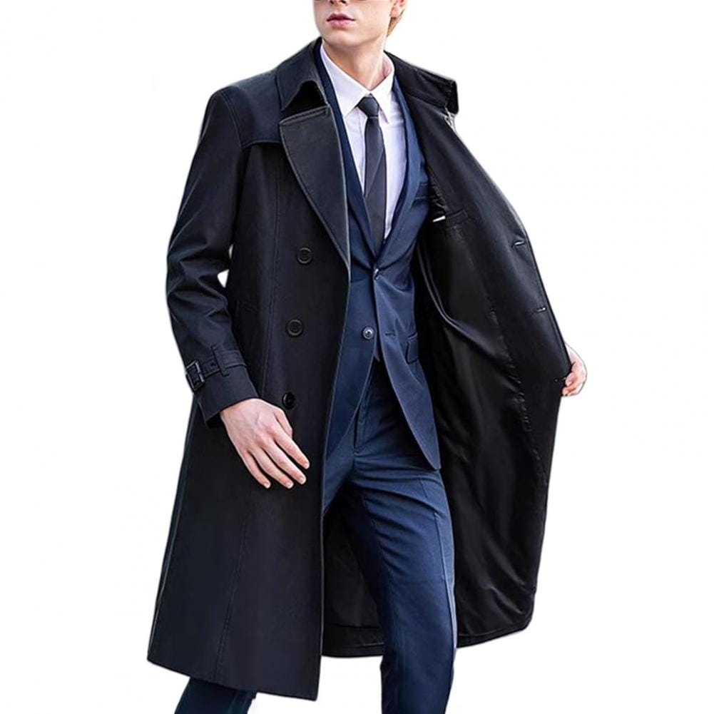 Black double-breasted men windbreaker trench coat with long sleeve length and sleek tailored fit featuring classic military-inspired design and moderate clothes length.