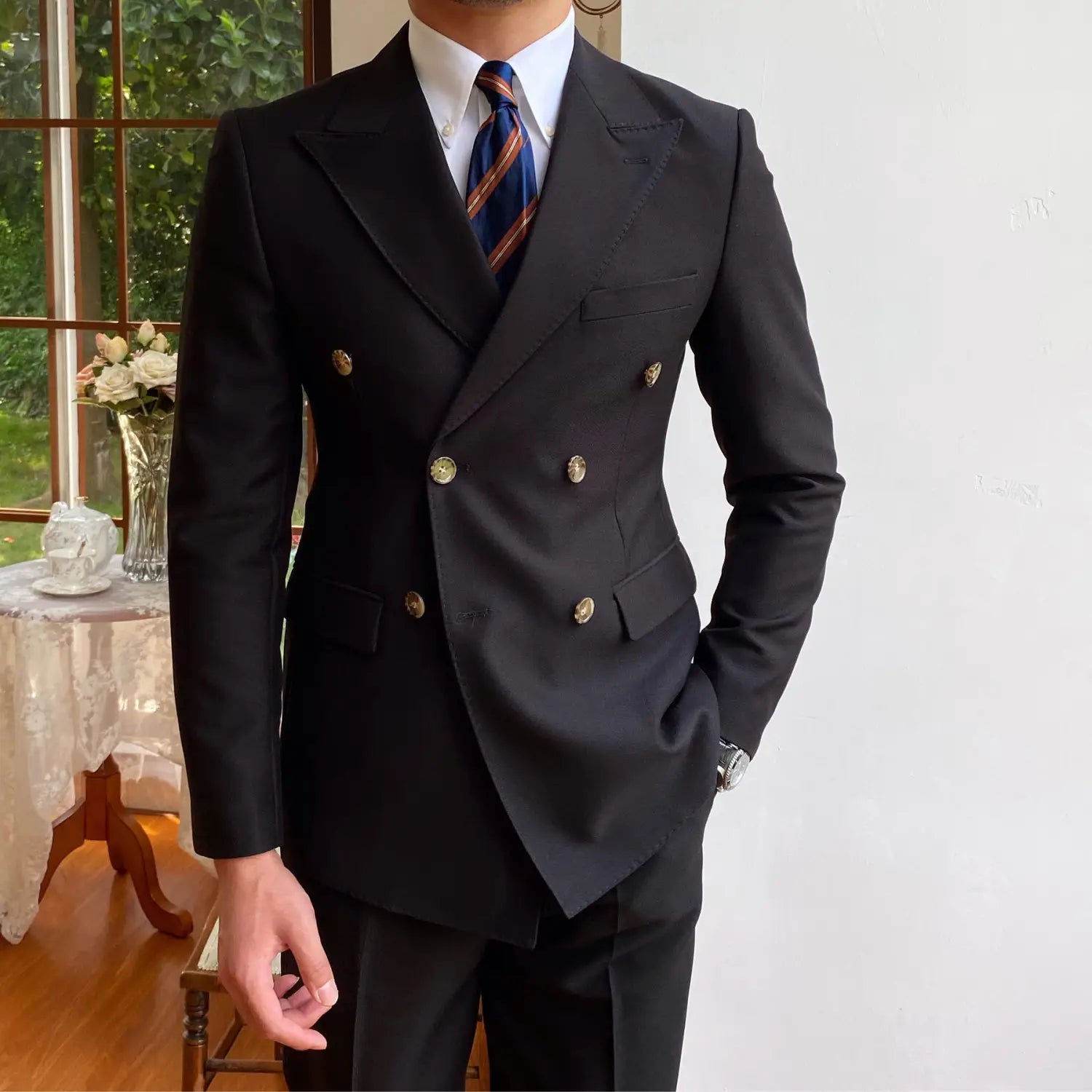 SKU_14_黑色 单西装.jpg black double breasted slim fit blazer jacket with gold toned buttons and tailored fit for men