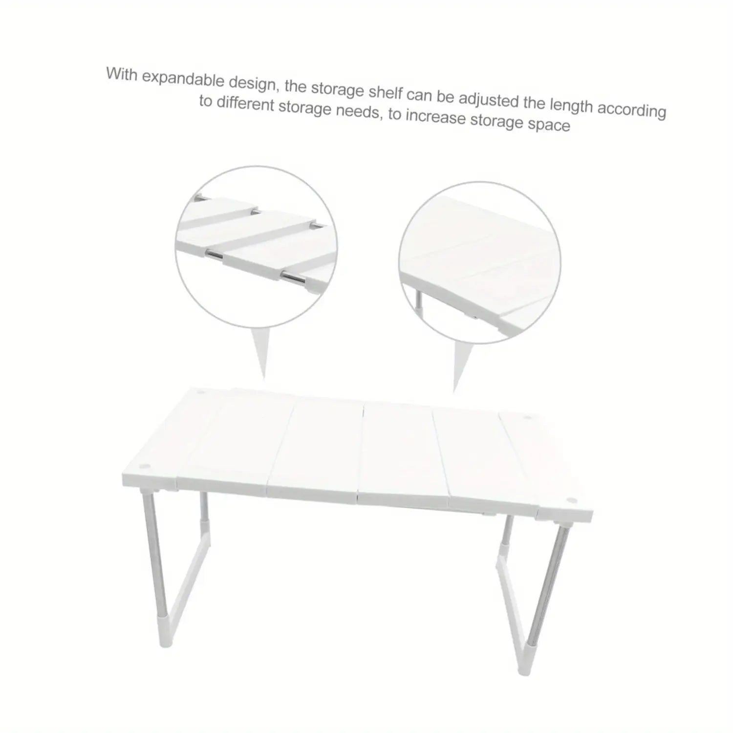 Étagère-organisateur de rangement extensible blanche fabriquée dans un matériau robuste, avec une longueur réglable pour adapter le rangement sur le comptoir de cuisine.