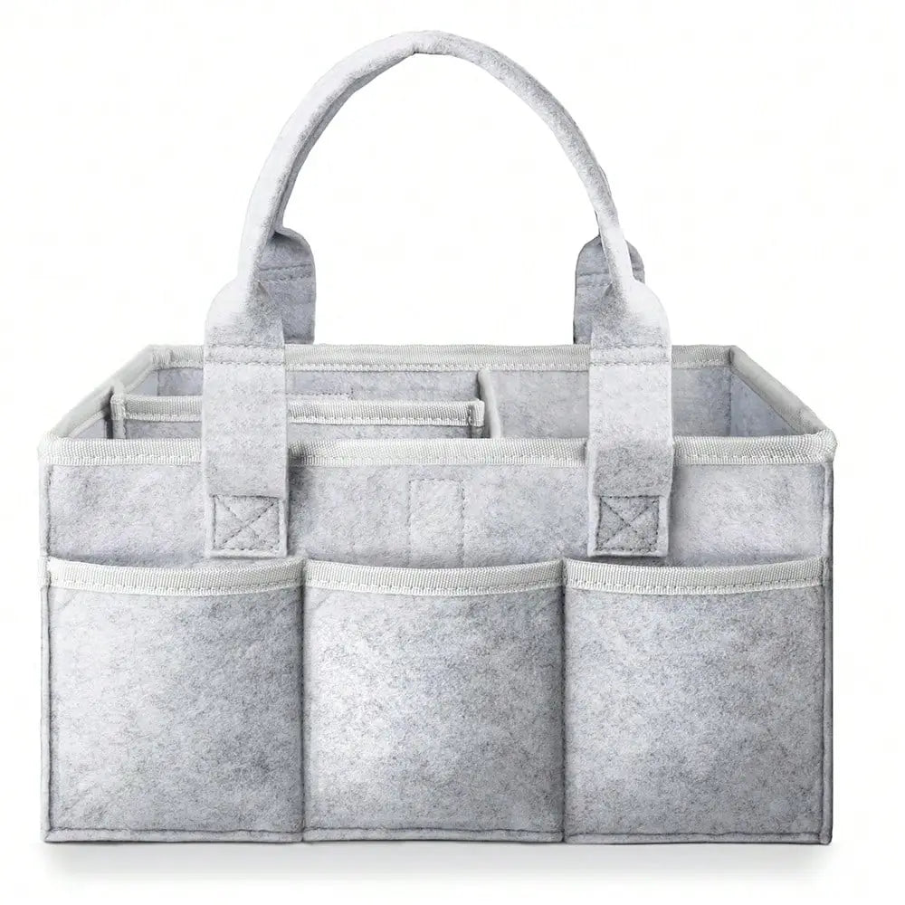 Organizer-Tasche aus grauem Filz für Windelutensilien mit mehreren Fächern und robusten Griffen für eine bequeme Aufbewahrung und den einfachen Transport.