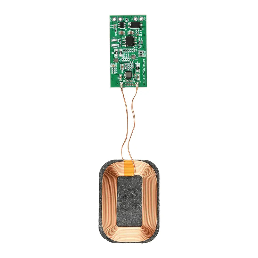 Green circuit board with copper coils and wires attached to a black rectangular pad showing the 5w wireless charging receiver module for 3.7v battery.