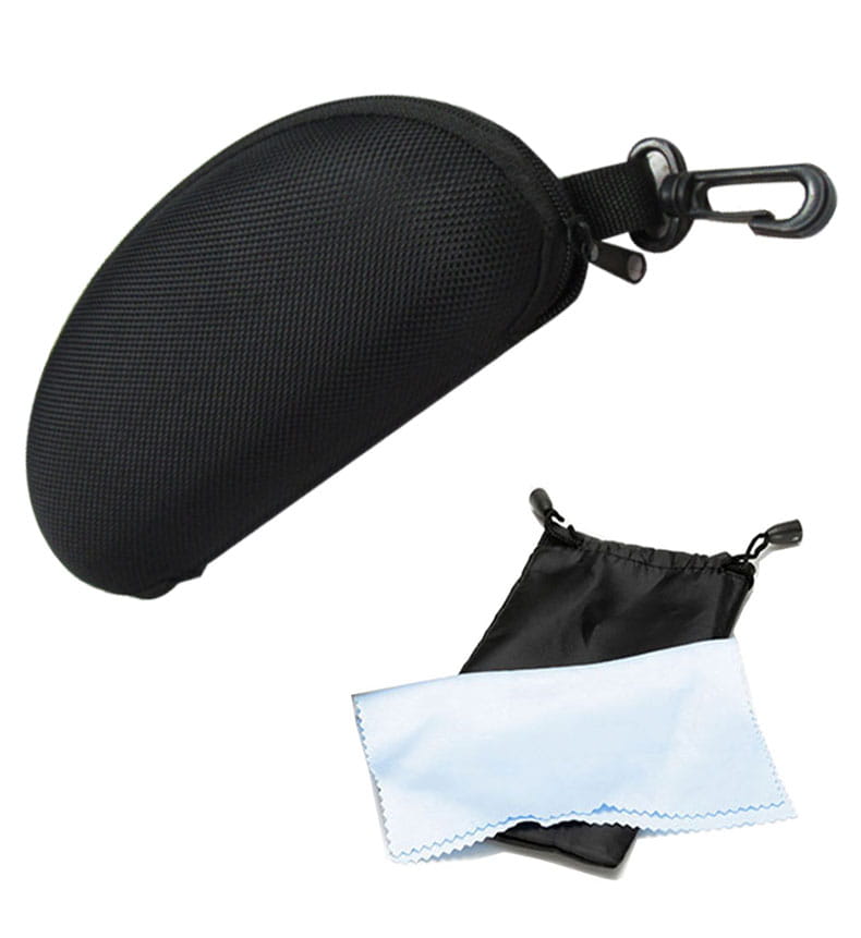 Étui à lunettes noir à texture en mesh, avec clip mousqueton et chiffon de nettoyage en microfibre noir assorti pour verres interchangeables de lunettes de cyclisme, équipement sportif